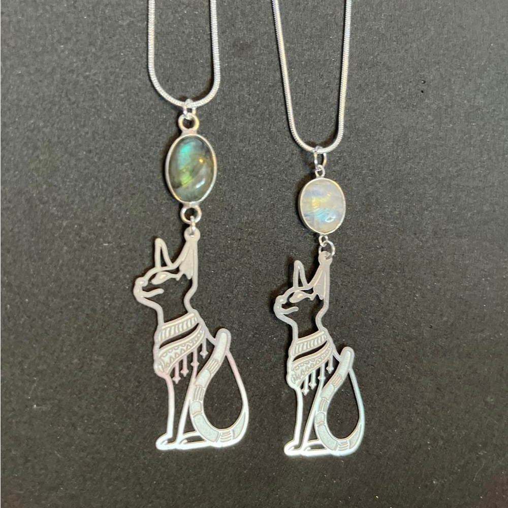 Moonstone bastet necklace, labradorite Egyptian bast necklace, silver bast